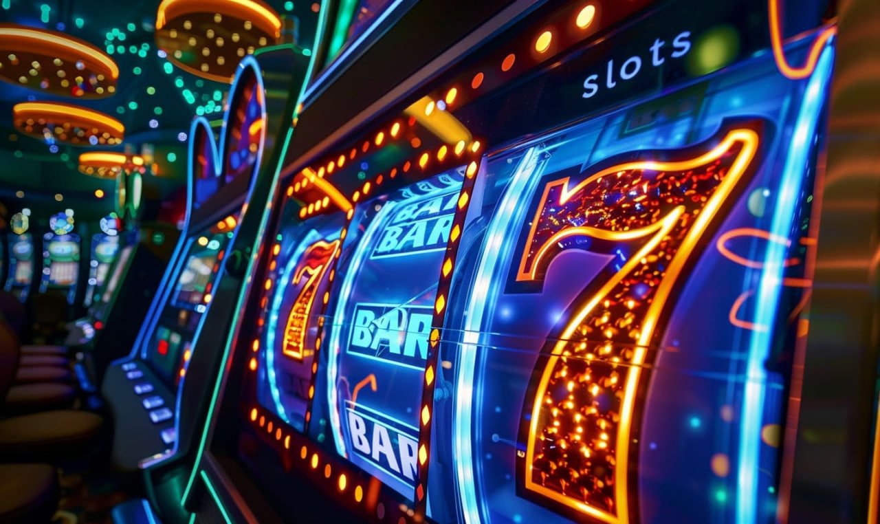 Slot machine digital dengan tema warna gelap dan nuansa futuristik di platform hiburan